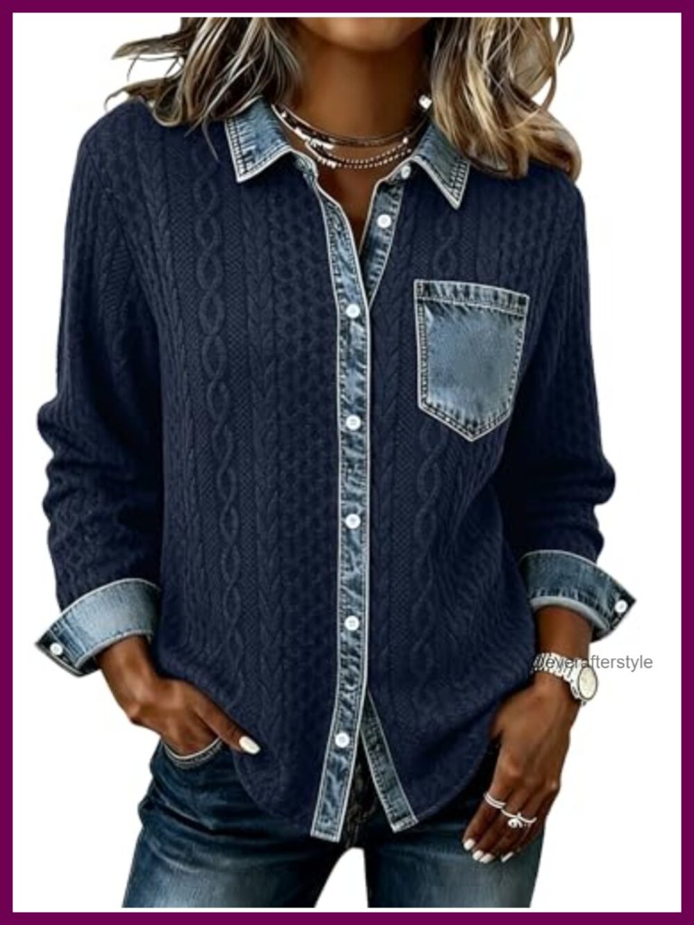 Women's Denim Patchwork Cable Knit Shacket Loose Fit Fall Jacket